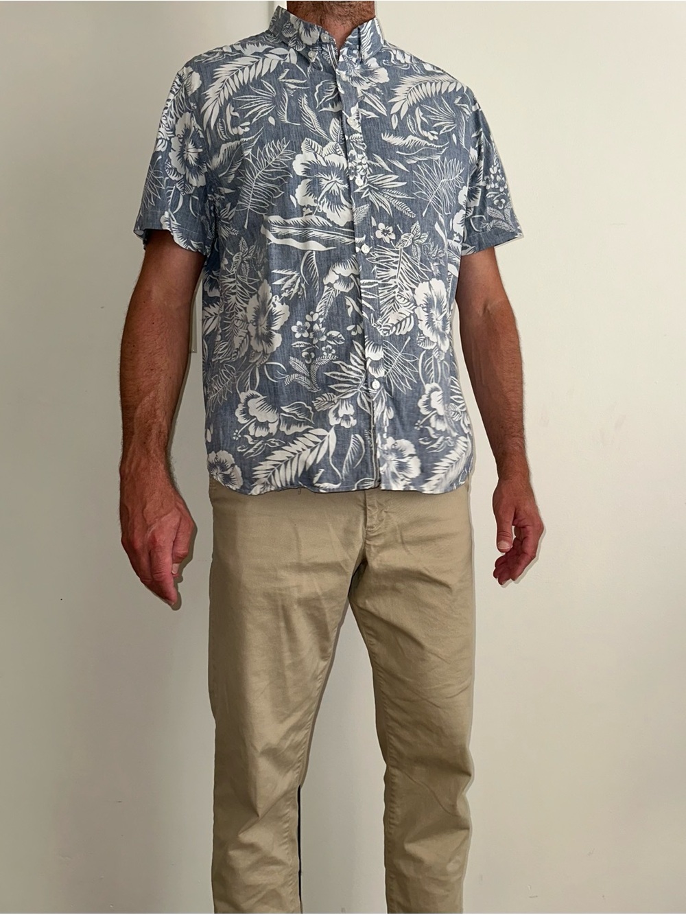 Denim & Flower Blue and White Tropical Slim Fit Button-Up